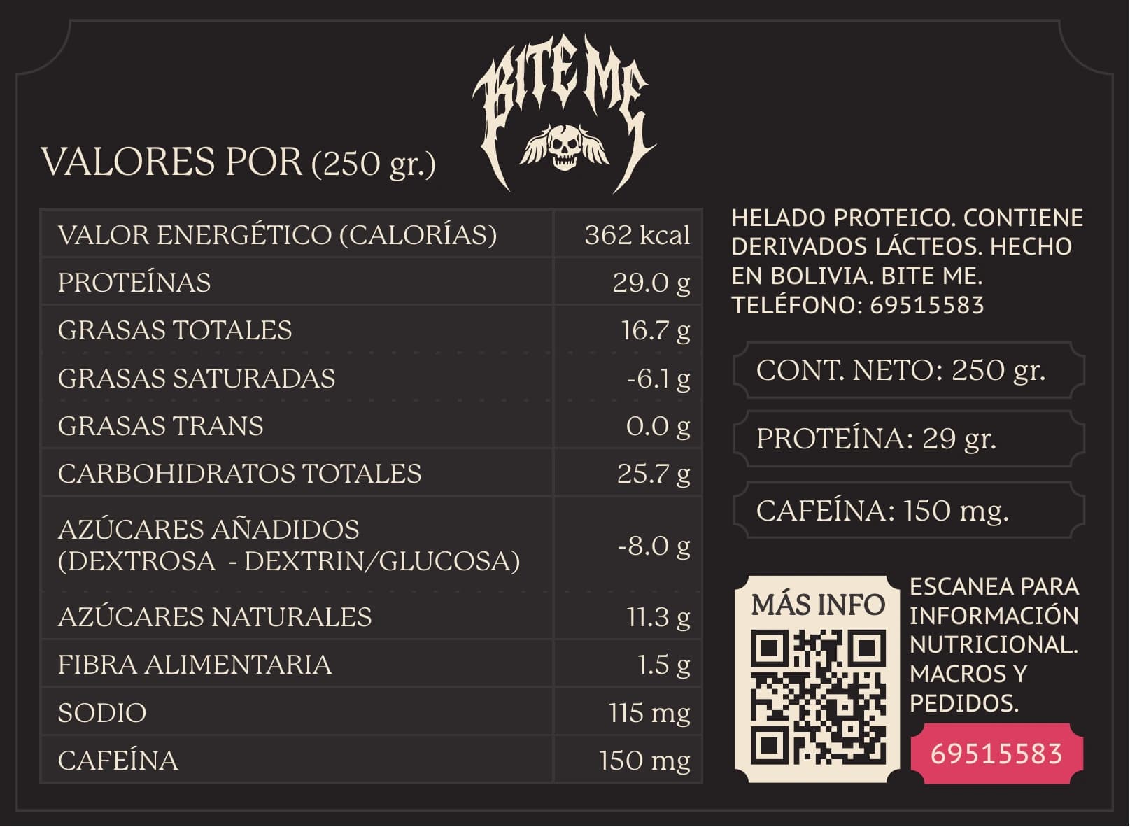 Etiqueta nutricional de Moka Intense, presentación de 250 g
